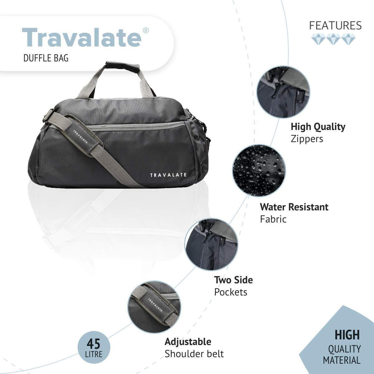 Travalate Polyester 45 L Multi Pocket Ultra Light Travel Duffle Bag Organizer for Men and Women (Grey, 20 X 18 X 11 Inch)