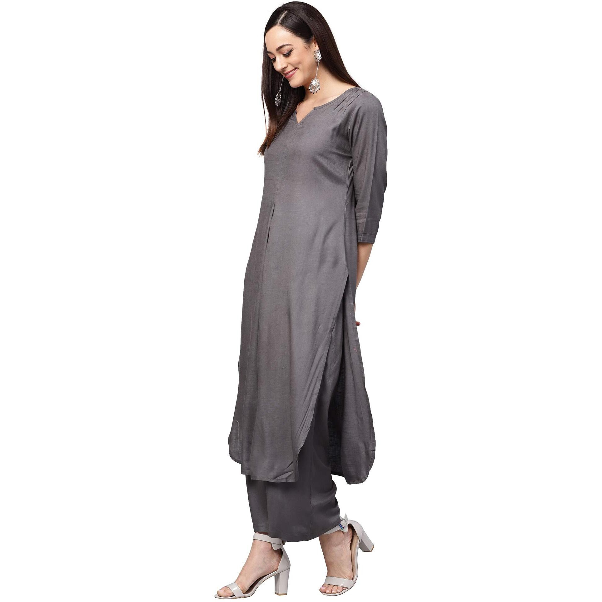 idaLia Grey Rayon Straight Solid Kurta Set for Women 3/4 Sleeve, Round V Neck Designer Kurta Set with Palazzo for Women