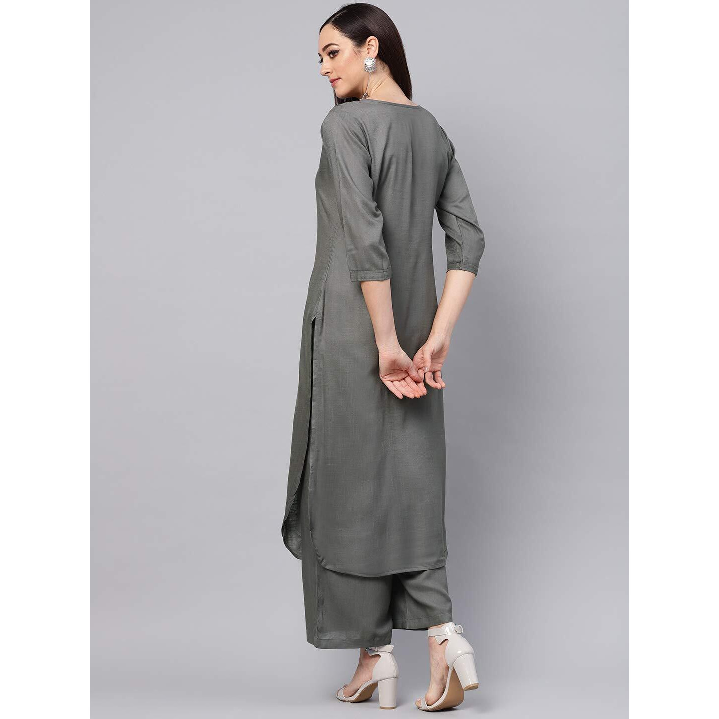 idaLia Grey Rayon Straight Solid Kurta Set for Women 3/4 Sleeve, Round V Neck Designer Kurta Set with Palazzo for Women