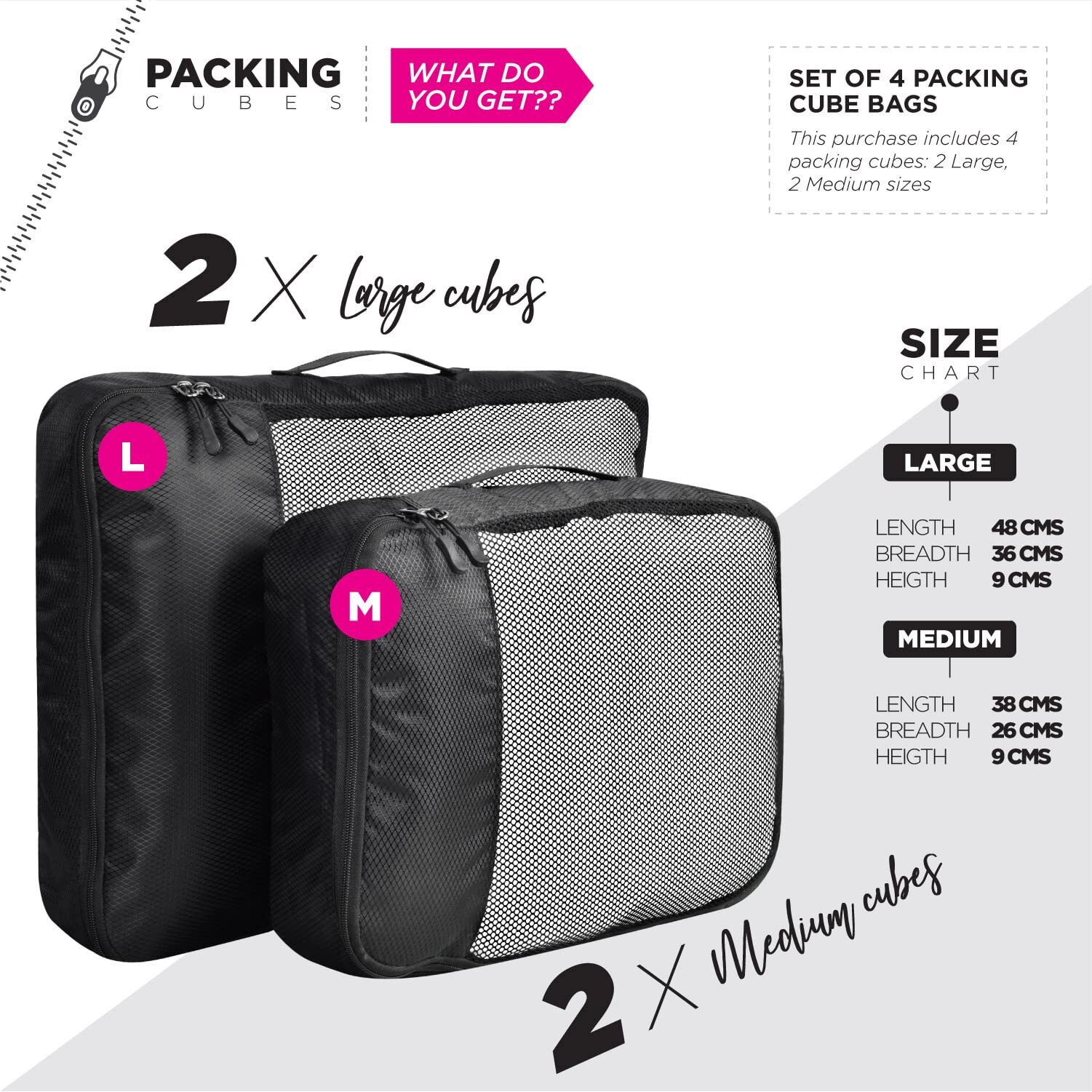 FATMUG Packing Cubes Travel Pouch Bag/Clothes Organiser Set of 4 (2 Large and 2 Medium) - Black, Polyester