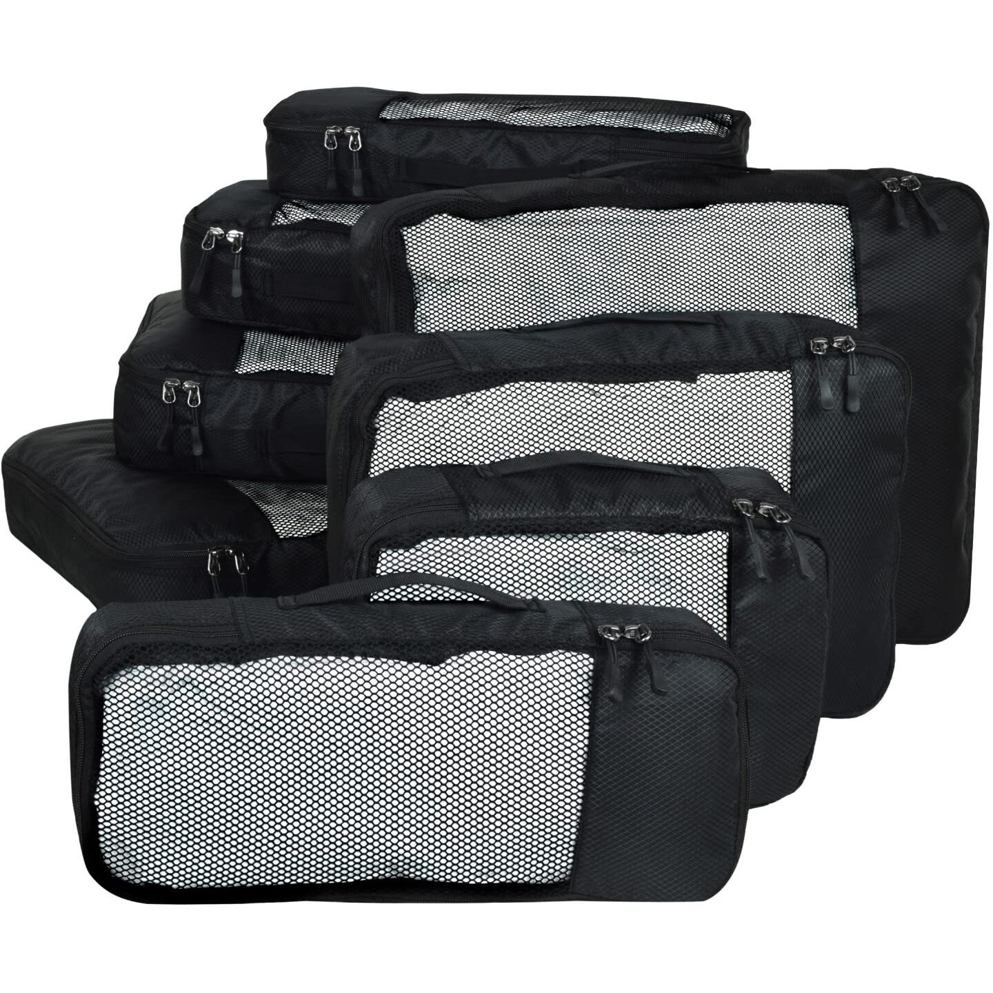 FATMUG Packing Cubes Travel Pouch Bag Organiser Set of 8 (2 x Large, Medium, Small and Slim) - Black(Polyester)