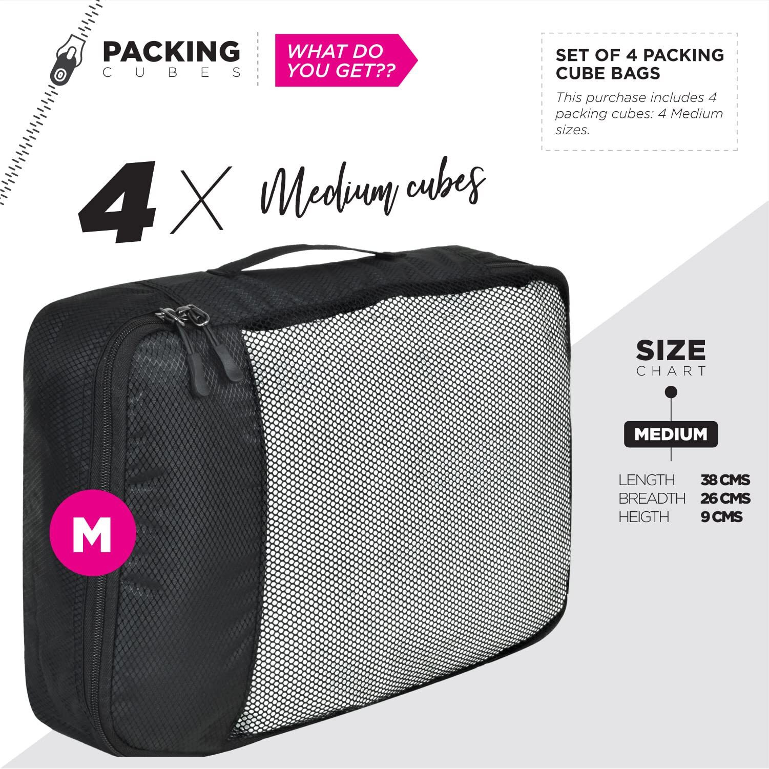 FATMUG Polyester Packing Cubes/Travel Pouch/Bag Suitcase Luggage Organiser Set Of 4 - Medium Size - Black