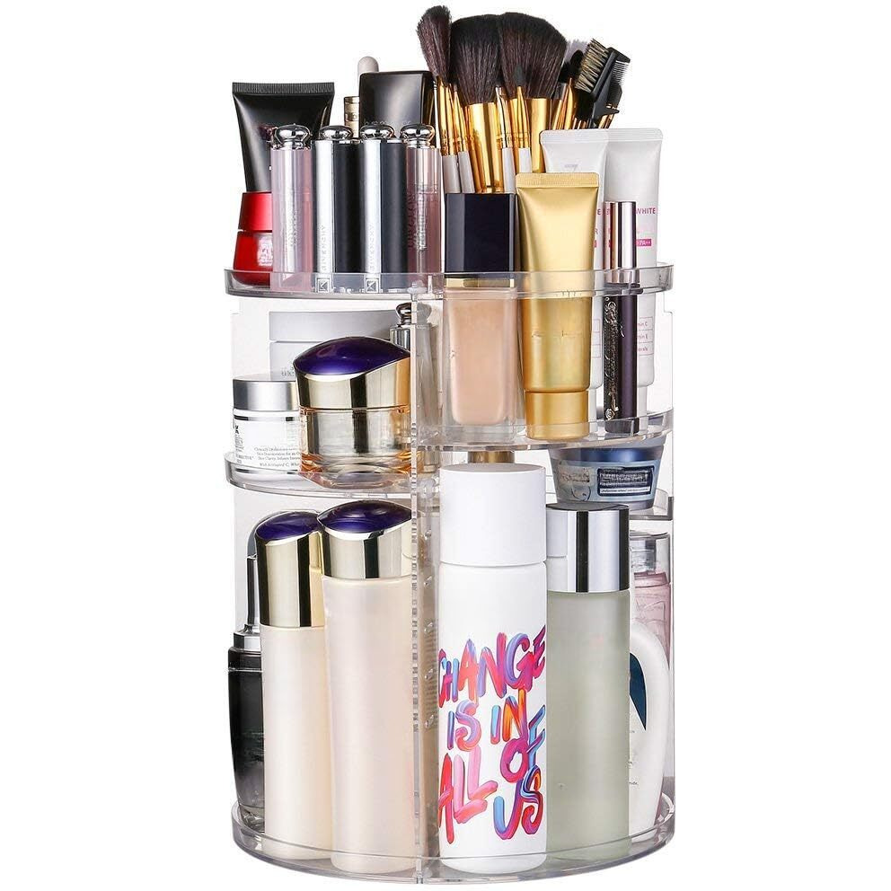 INOVERA (LABEL) Cosmetic Makeup Organizer for Women, Bride & Girls - 360 Rotating Storage Organiser Box - Dressing table Vanity Case Holder for Lipsticks, Skincare Kit & Brushes Set - Transparent