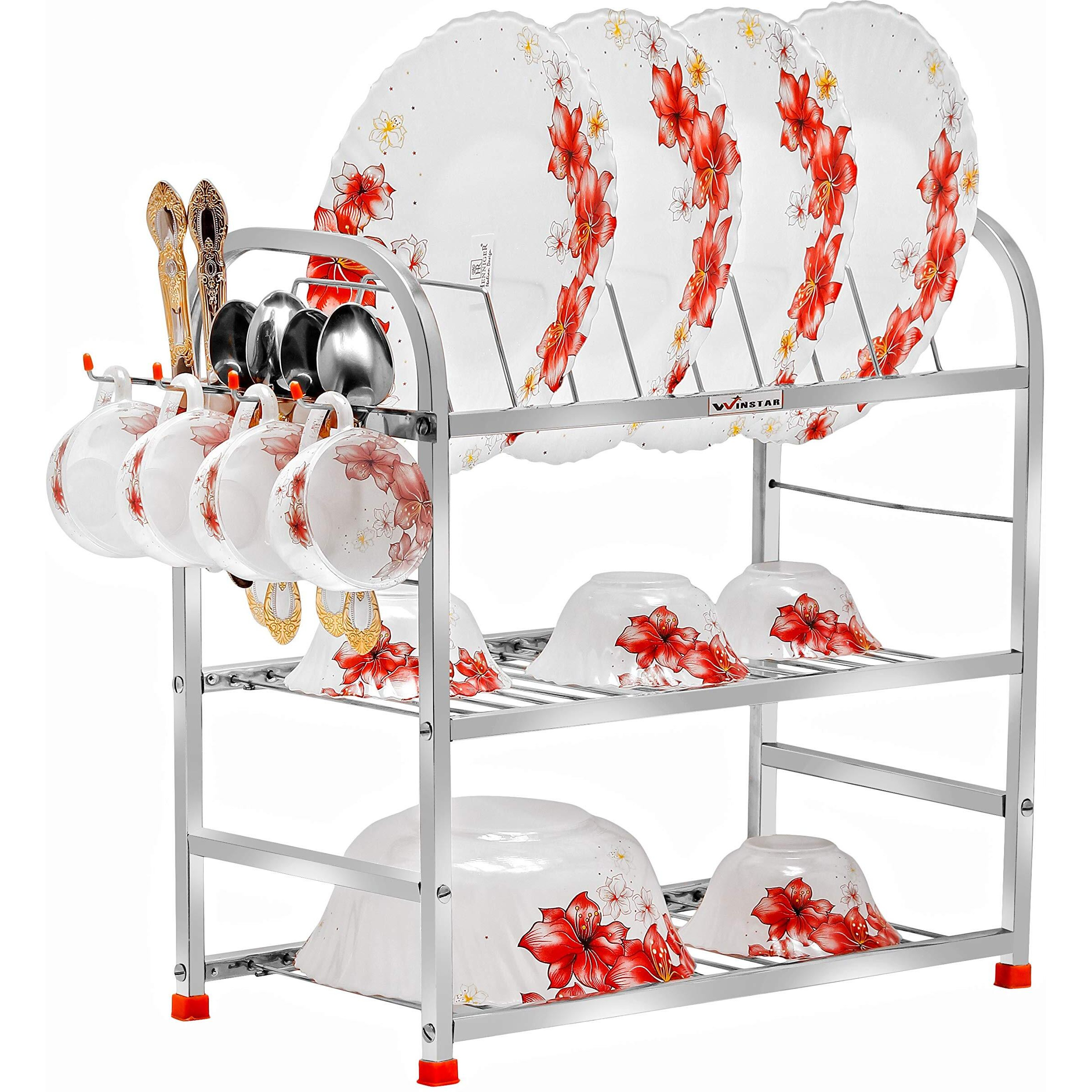 WINSTAR Stainless Steel 3 Shelf Wall Mount Kitchen Utensils Rack | Dish Rack With Plate & Cutlery Stand | Modular Kitchen Shelves Storage Rack | Kitchen Organizer (18X18 Inches)