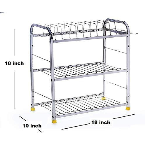 WINSTAR Stainless Steel 3 Shelf Wall Mount Kitchen Utensils Rack | Dish Rack With Plate & Cutlery Stand | Modular Kitchen Shelves Storage Rack | Kitchen Organizer (18X18 Inches)