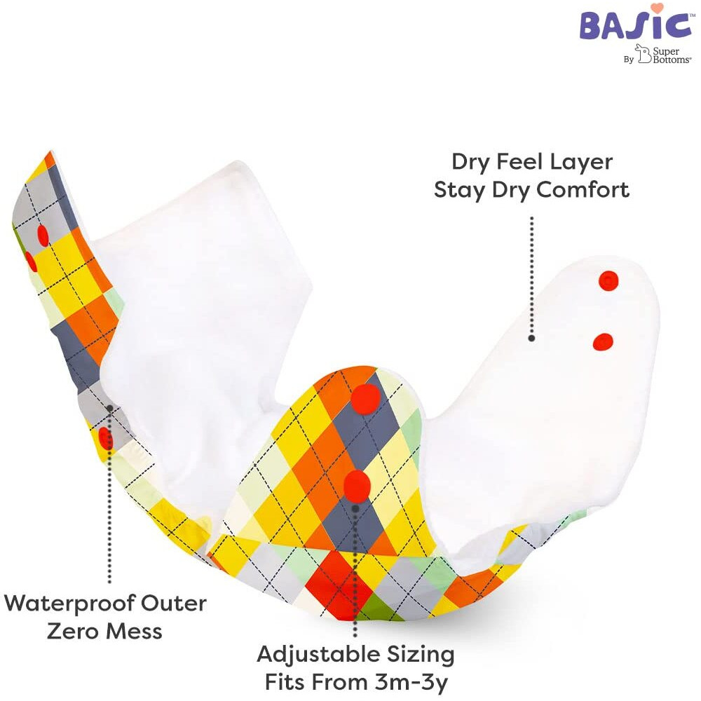 Superbottoms BASIC - Pack of 2 (2 Shell + 2 Insert) Cloth Diaper For Baby | Washable & Reusable | 0-3 Years | Freesize | Adjustable | Reduces Rash | With Quick Dry Pad/Insert - Assorted