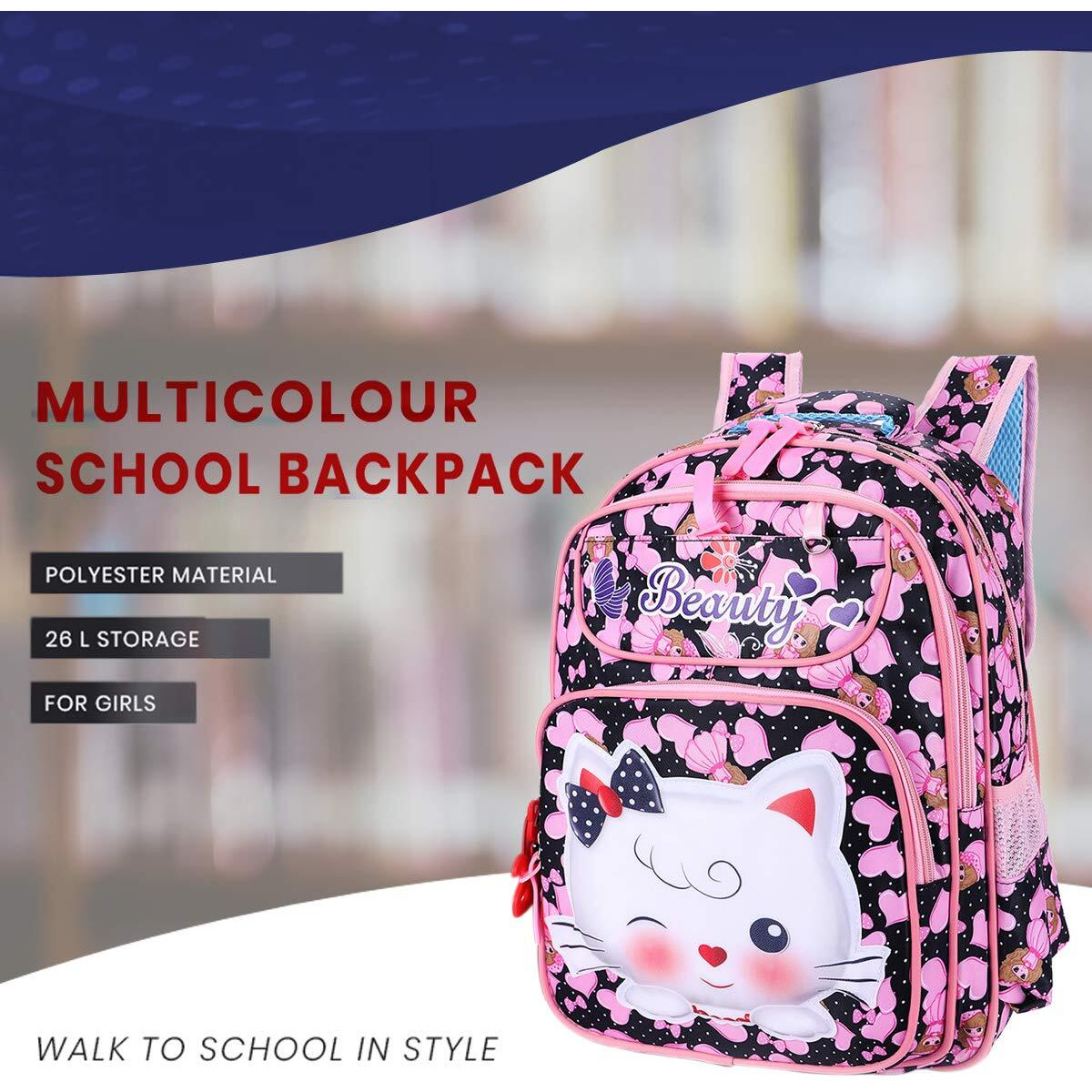 Tinytot 20 Litre, Stylish & Trendy Water Resistant High Storage Multi-Purpose Kitty Printed School Backpack College Backpack Travel Backpack Bag for Girls & Women, 2nd Standard onward, (18 Inch)