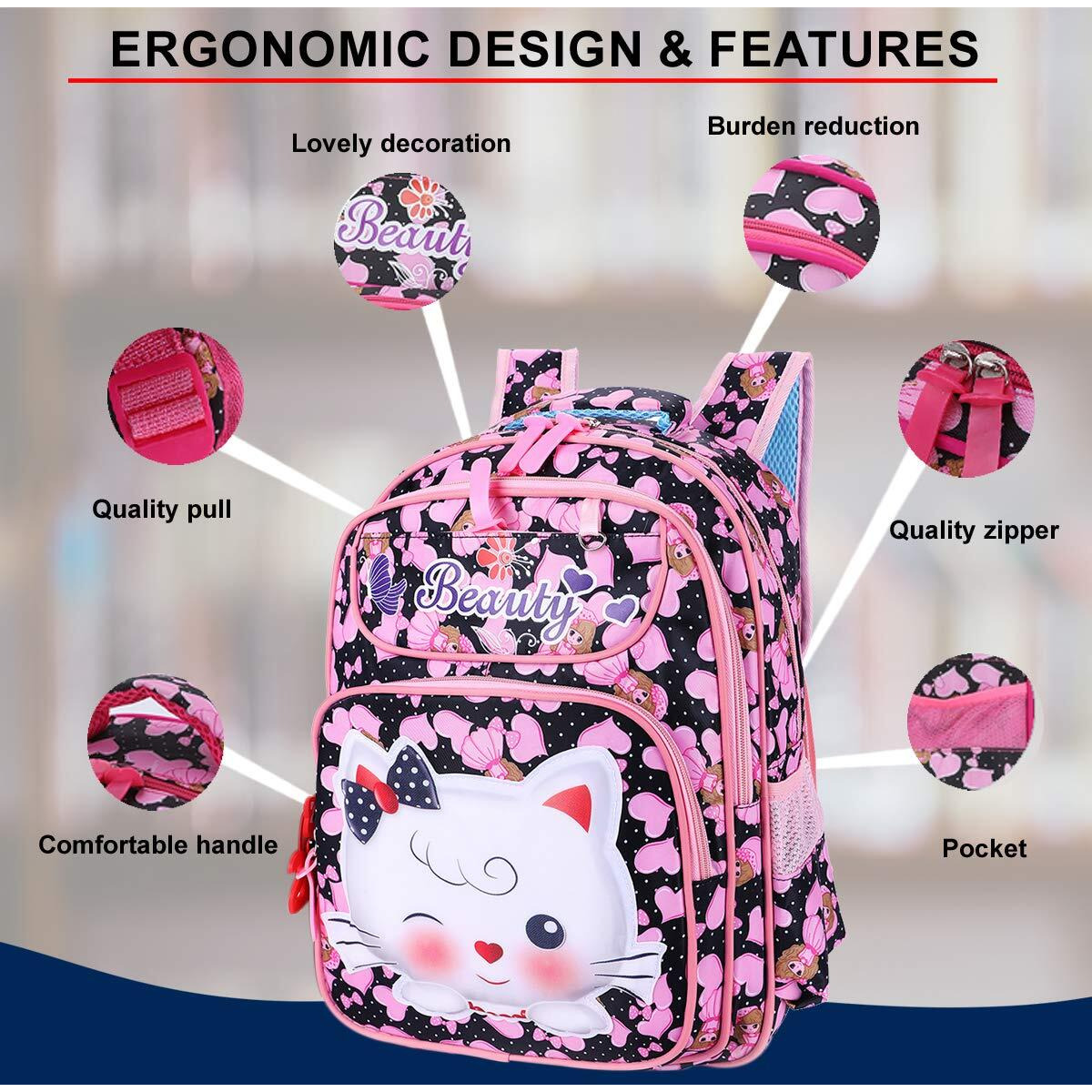 Tinytot 20 Litre, Stylish & Trendy Water Resistant High Storage Multi-Purpose Kitty Printed School Backpack College Backpack Travel Backpack Bag for Girls & Women, 2nd Standard onward, (18 Inch)