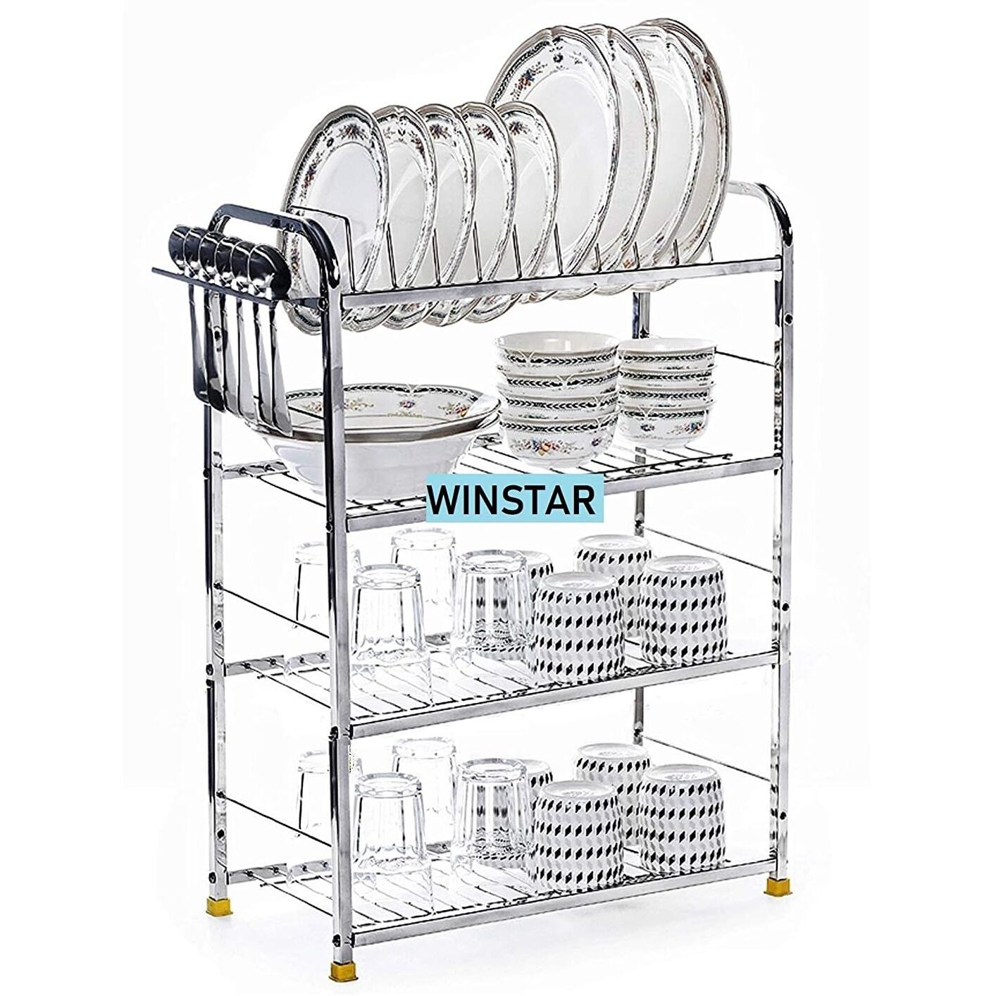 WINSTAR Stainless Steel 4 Shelf Wall Mount Kitchen Utensils Rack | Dish Rack with Plate & Cutlery Stand | Modular Kitchen Storage Rack | Kitchen Organizer (18x24 inches)