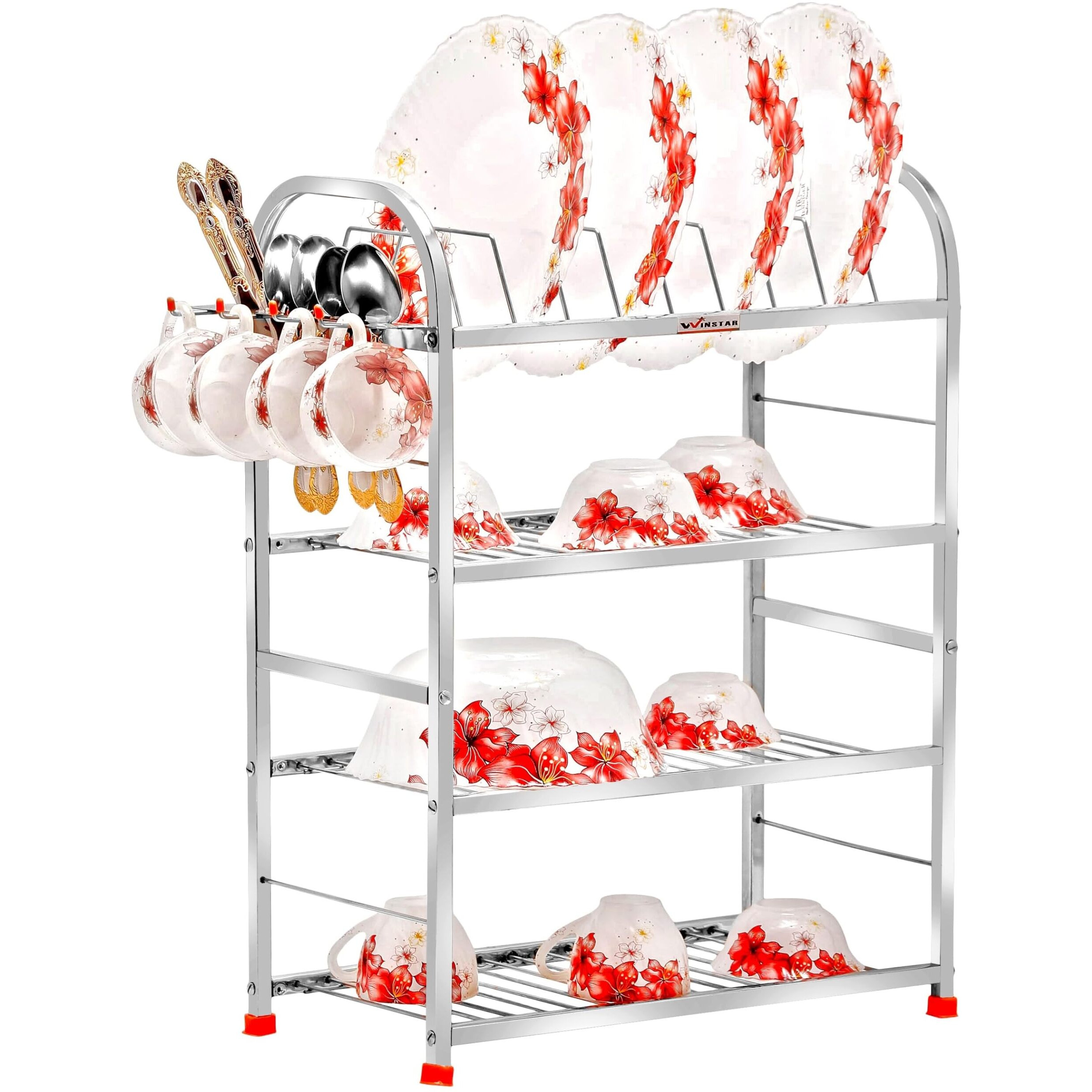 WINSTAR Stainless Steel 4 Shelf Wall Mount Kitchen Utensils Rack | Dish Rack with Plate & Cutlery Stand | Modular Kitchen Storage Rack | Kitchen Organizer (18x24 inches)