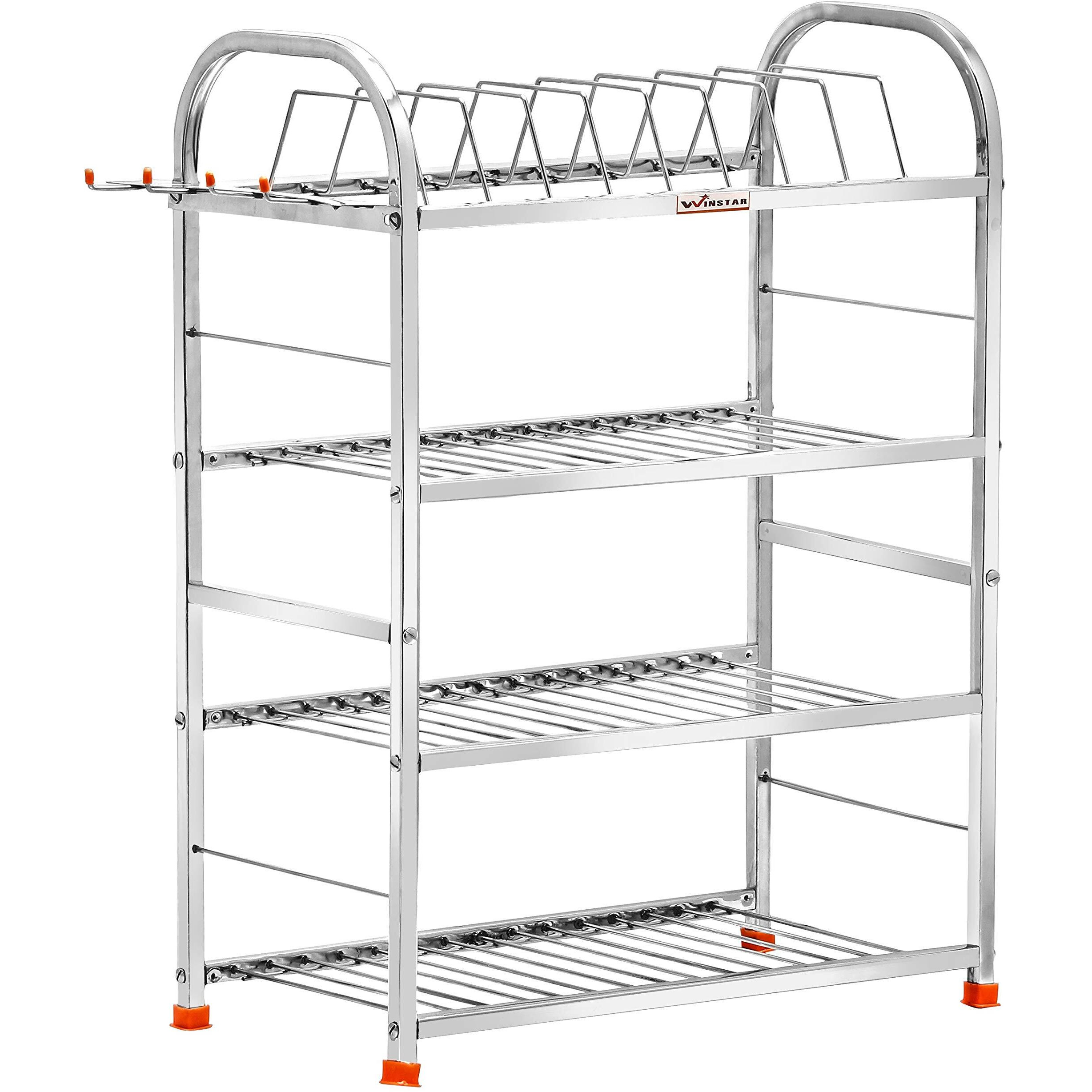 WINSTAR Stainless Steel 4 Shelf Wall Mount Kitchen Utensils Rack | Dish Rack with Plate & Cutlery Stand | Modular Kitchen Storage Rack | Kitchen Organizer (18x24 inches)