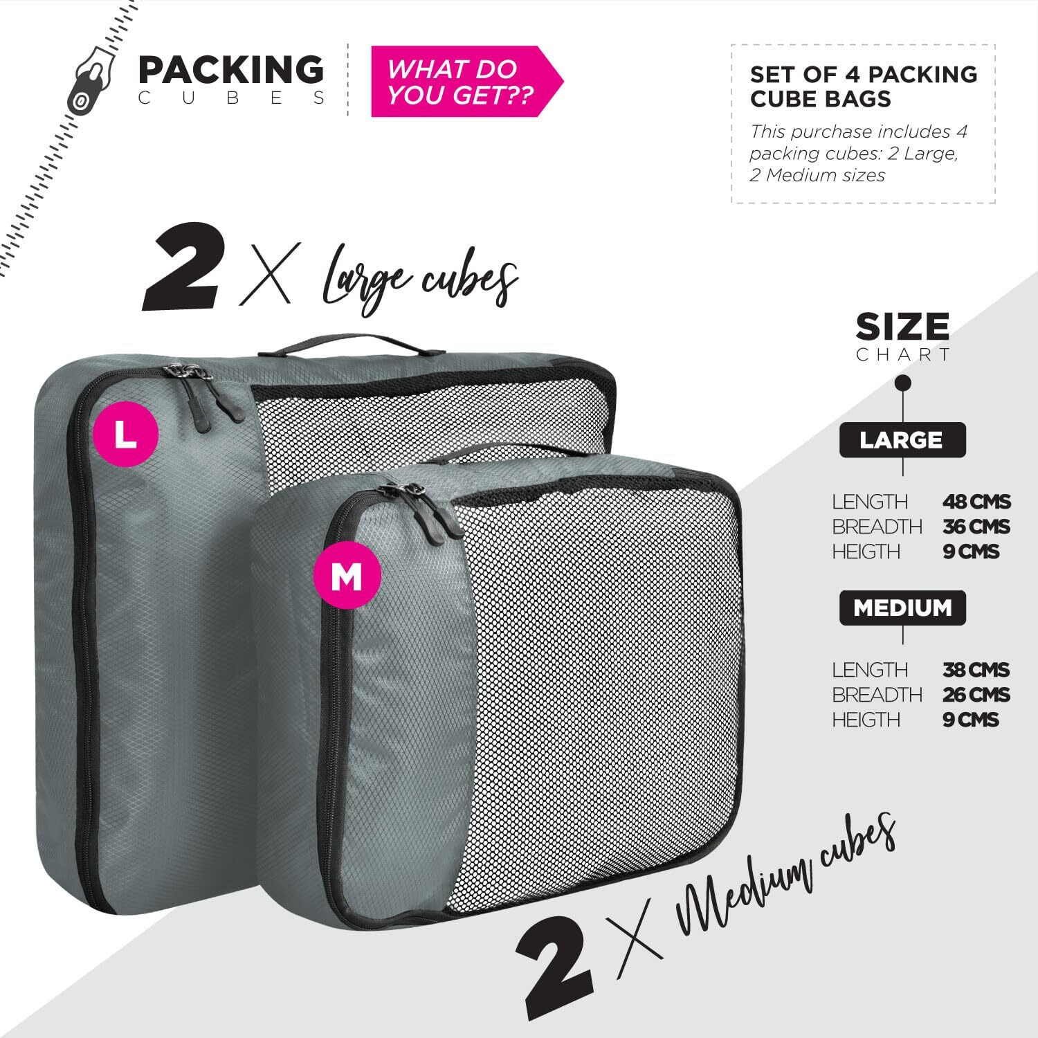 Fatmug Packing Cubes Travel Pouch Bag/Clothes Organiser Set Of 4 (2 Large And 2 Medium) - Grey - Polyester