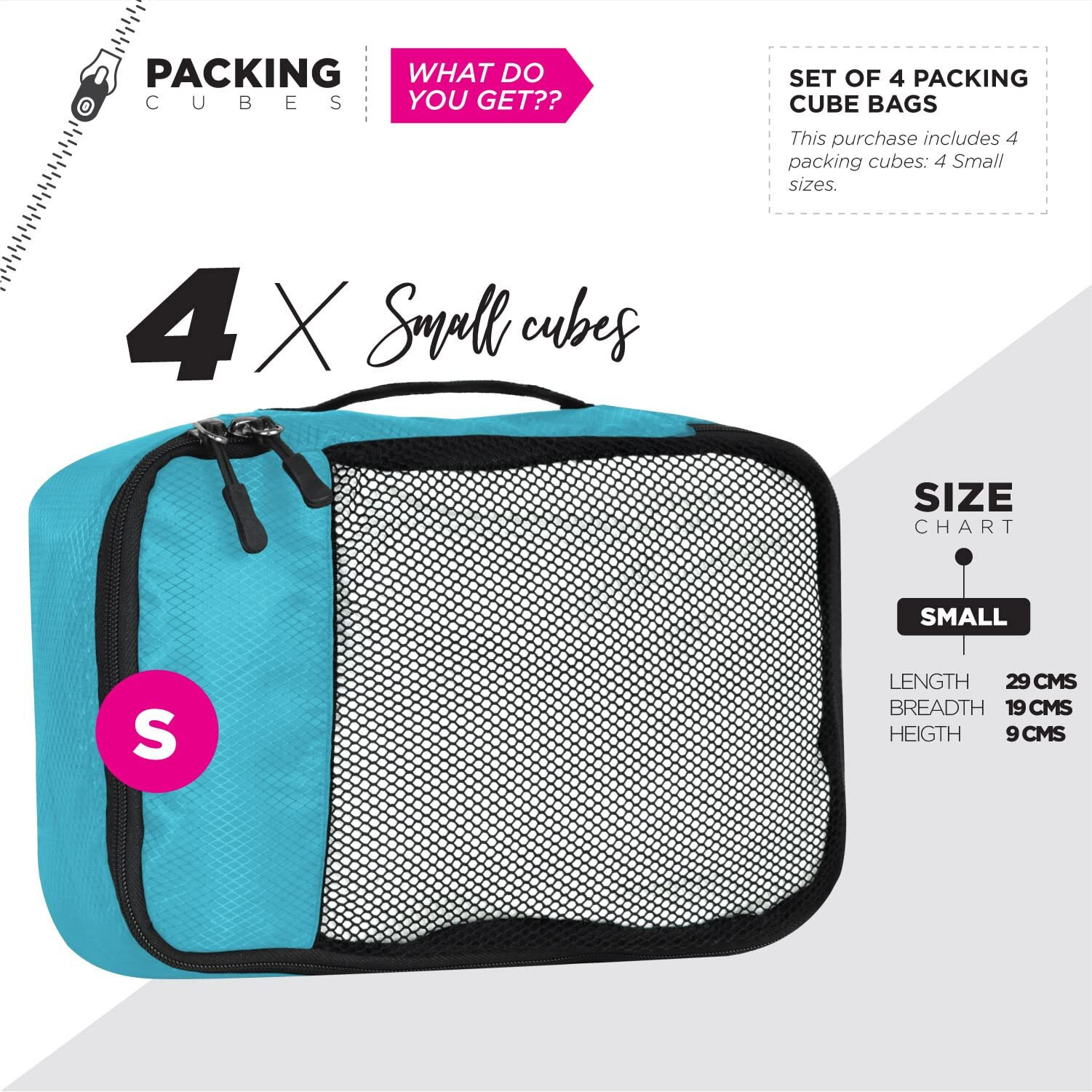 FATMUG Packing Cubes/Travel Pouch/Bagpack Suitcase Organiser Set of 4 - Small Size - Sky Blue