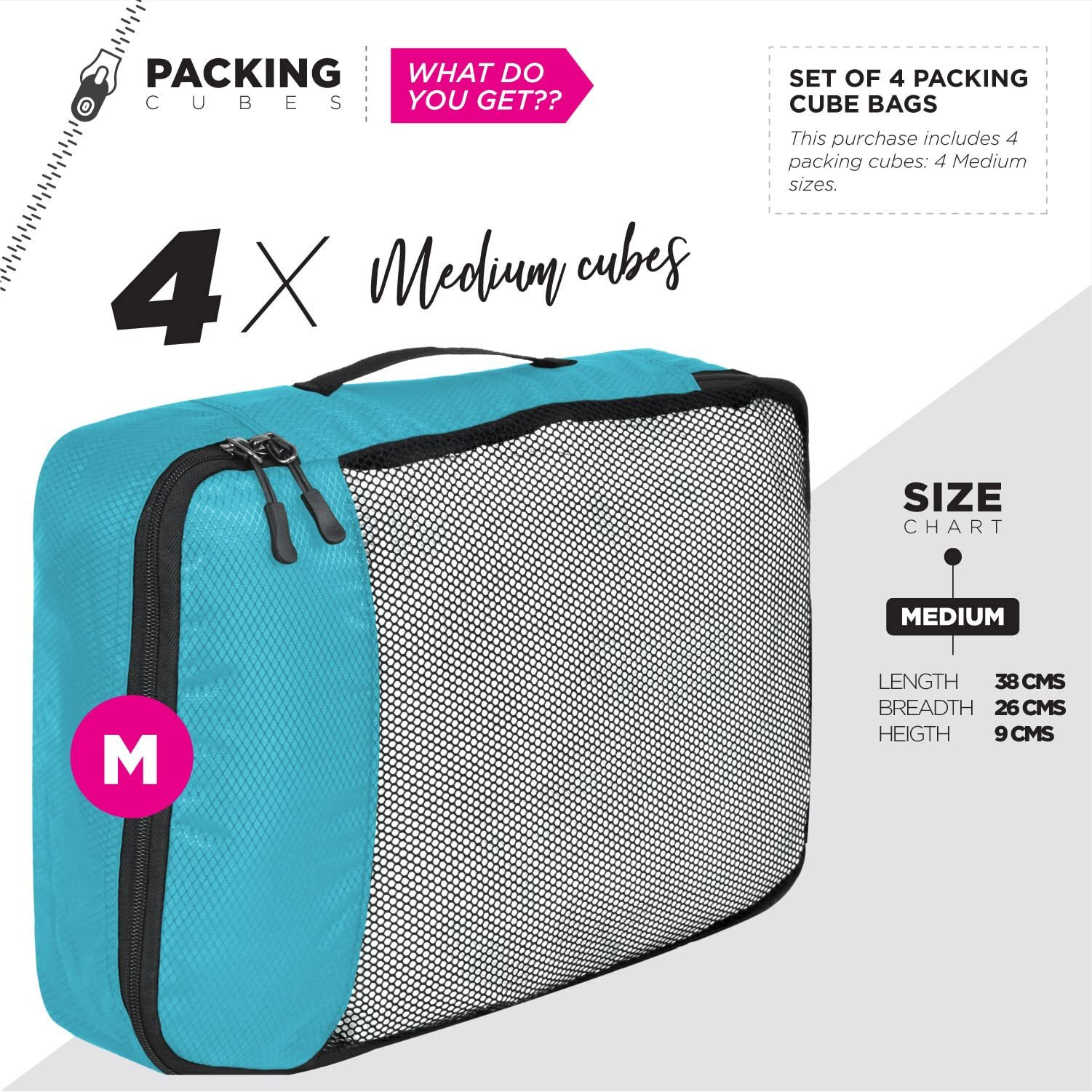 FATMUG Polyester Packing Cubes/Travel Pouch/Bag Suitcase Luggage Organiser Set of 4-Medium Size- Sky Blue