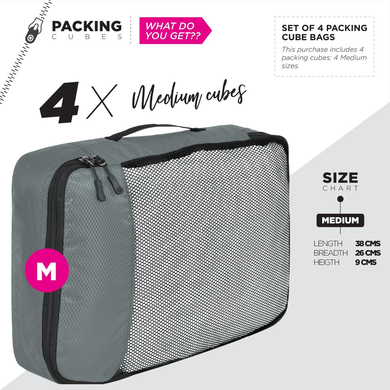 FATMUG Packing Cubes/Travel Pouch/Bag Suitcase Luggage Organiser Set of 4 - Medium Size - Grey (Polyester)