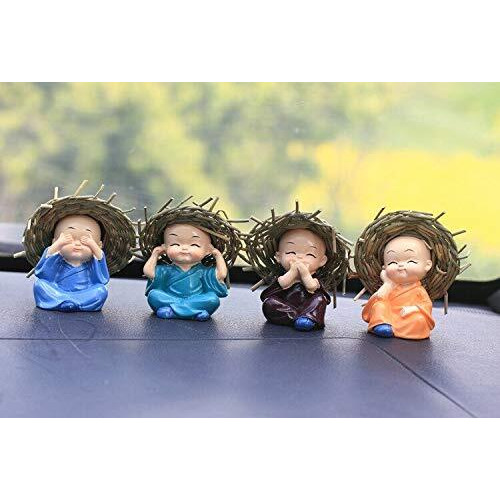 TIED RIBBONS Set of 4 Buddha Monk Statue Figurines Showpiece for Home Decoration Car Dashboard Living Room Bedroom Table Wall Decorative Gift Items (Miniature, Multi)