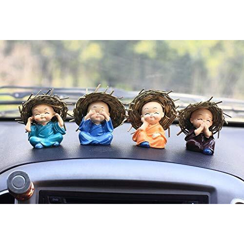 TIED RIBBONS Set of 4 Buddha Monk Statue Figurines Showpiece for Home Decoration Car Dashboard Living Room Bedroom Table Wall Decorative Gift Items (Miniature, Multi)