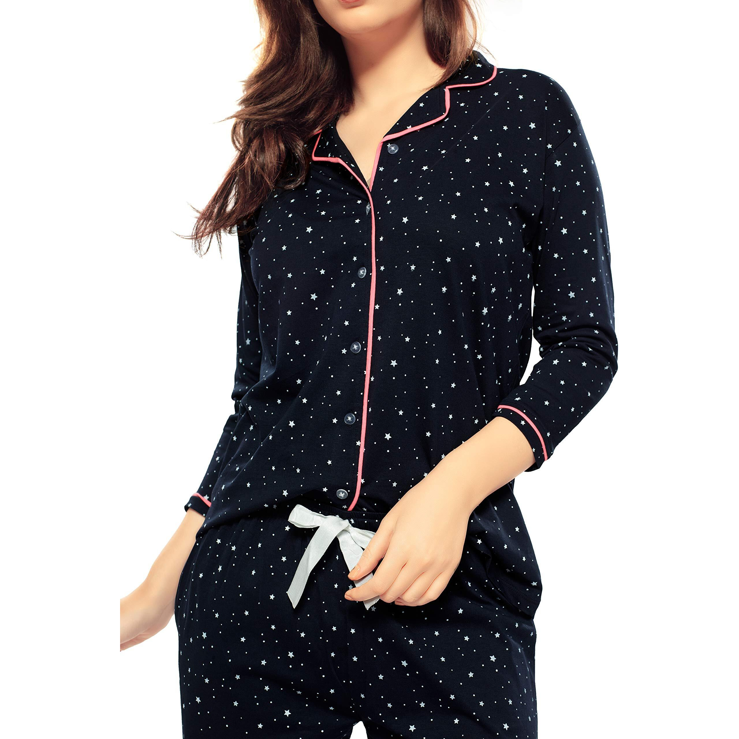 ZEYO Women s Cotton Star & Dot Printed Navy Blue Night Suit Set Of Shirt & Pajama Set 5155, X-Large