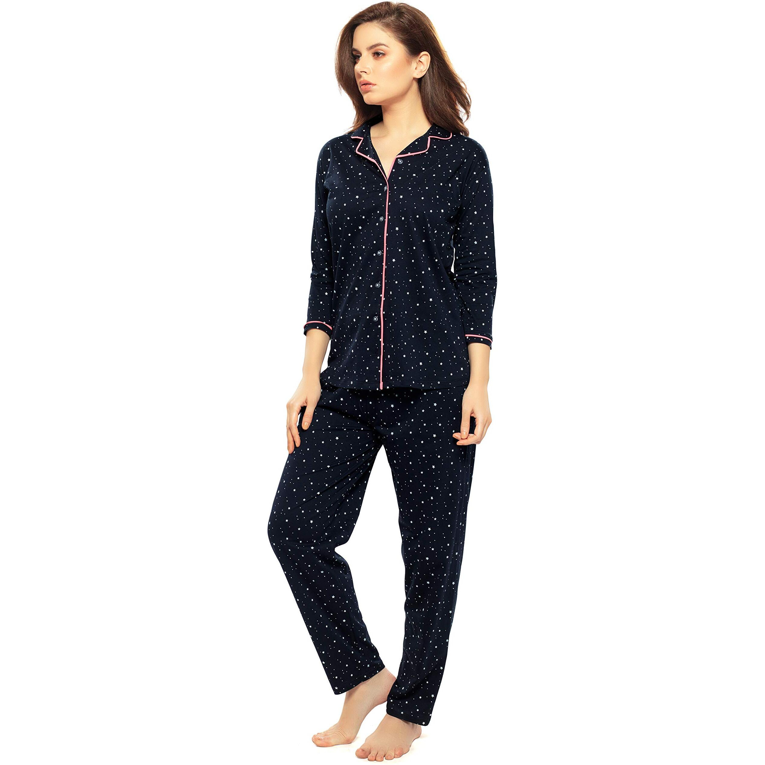 ZEYO Women s Cotton Star & Dot Printed Navy Blue Night Suit Set Of Shirt & Pajama Set 5155, X-Large
