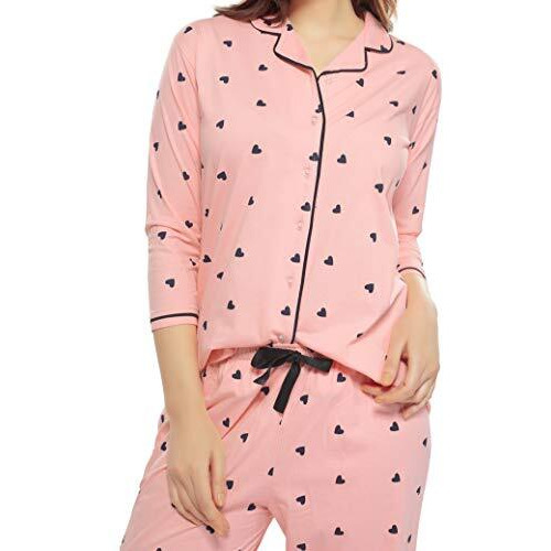 ZEYO Women s Cotton Heart Printed Peach Night Suit Shirt & Pajama Set 5152 (X_Large)