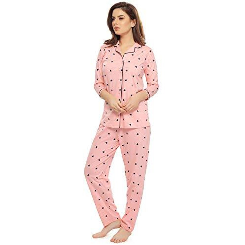 ZEYO Women s Cotton Heart Printed Peach Night Suit Shirt & Pajama Set 5152 (X_Large)