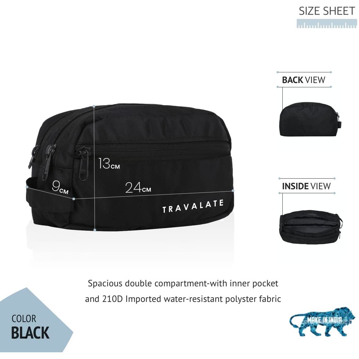 Travalate 9cms Polyester Toiletry Bag (Black_Tr1323)