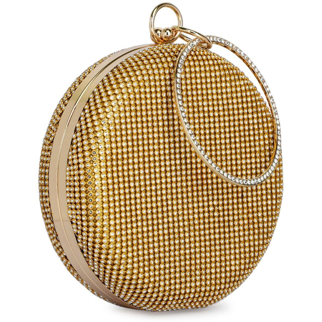 TOOBA Women Handicraft Beautiful Round Box Clutch Bag Purse for Bridal, Casual, Wedding Bag for Women & Girls (Diamond Gold)