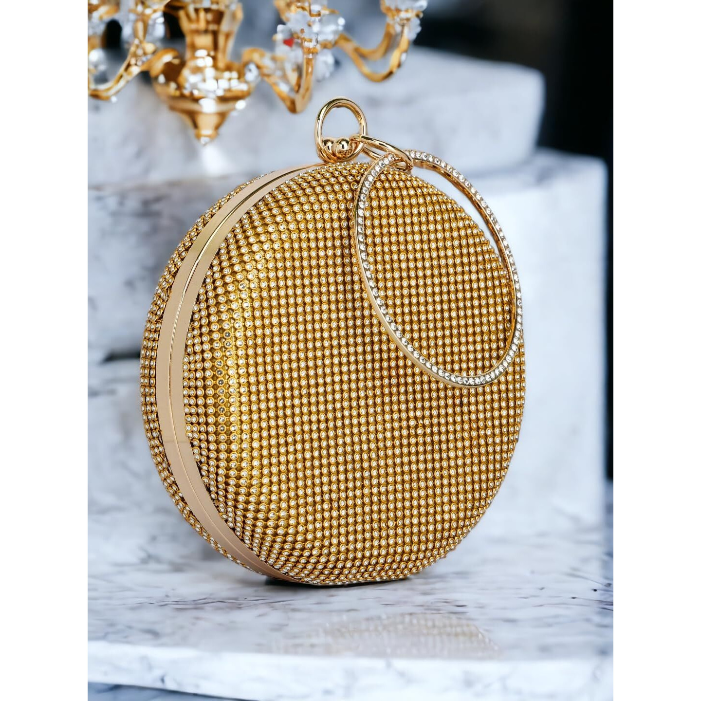 TOOBA Women Handicraft Beautiful Round Box Clutch Bag Purse for Bridal, Casual, Wedding Bag for Women & Girls (Diamond Gold)