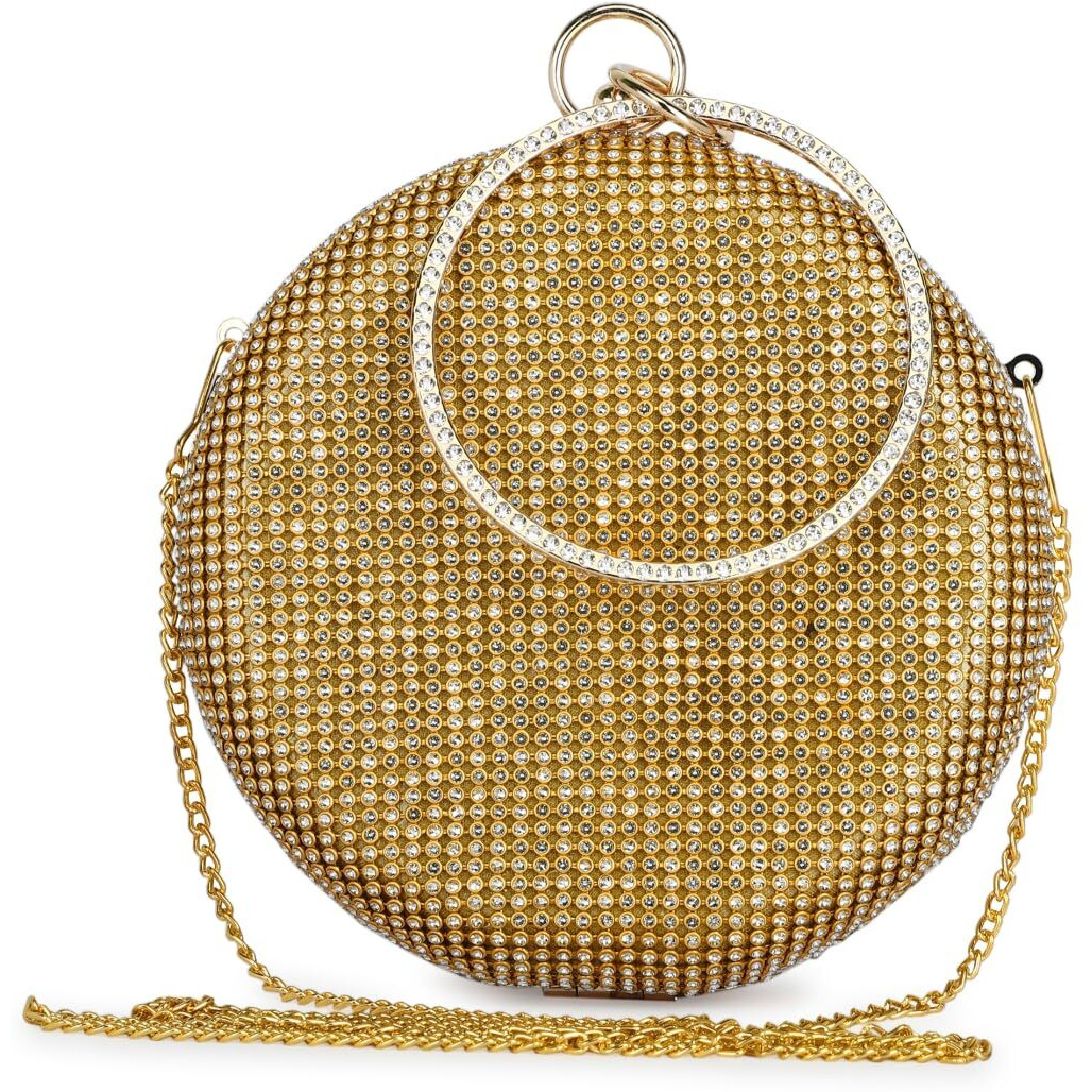 TOOBA Women Handicraft Beautiful Round Box Clutch Bag Purse for Bridal, Casual, Wedding Bag for Women & Girls (Diamond Gold)