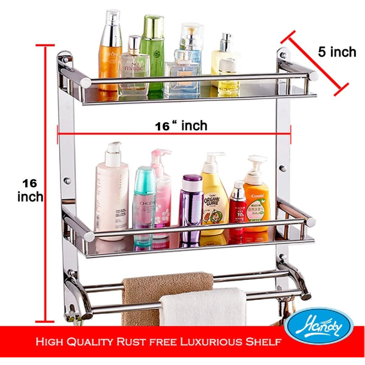 HANDY Bathroom Accessories Stainless Steel Chrom Finish 3 Layer Bathroom Shelf with Towel Bar Multipurpose Wall Mount Bathroom Shelves Organizer Towel Racks with Hook (16x5x17 inch)