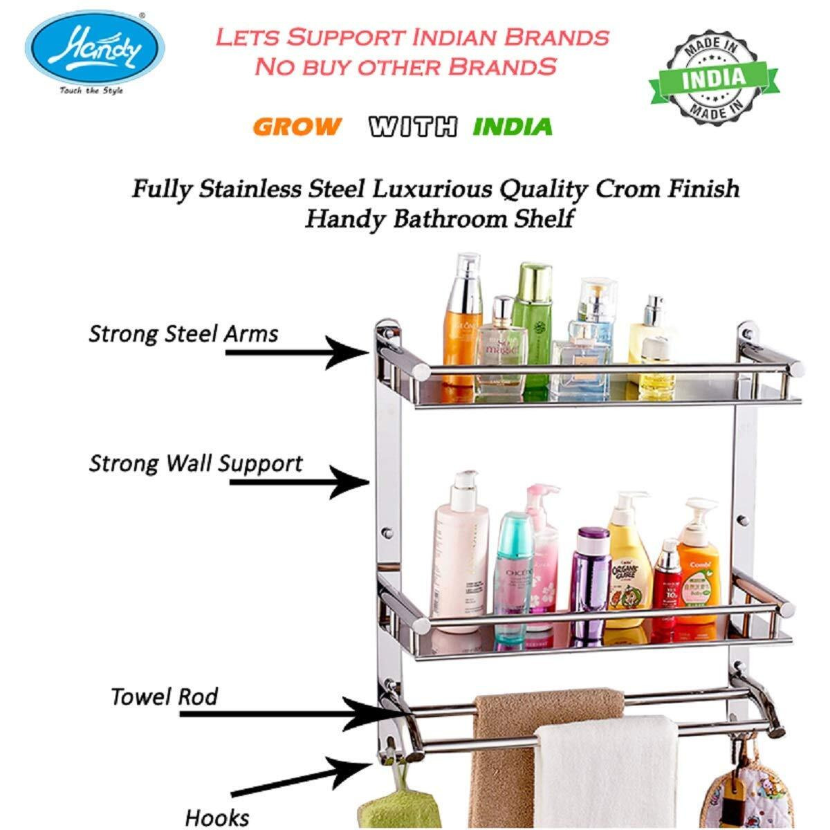HANDY Bathroom Accessories Stainless Steel Chrom Finish 3 Layer Bathroom Shelf with Towel Bar Multipurpose Wall Mount Bathroom Shelves Organizer Towel Racks with Hook (16x5x17 inch)
