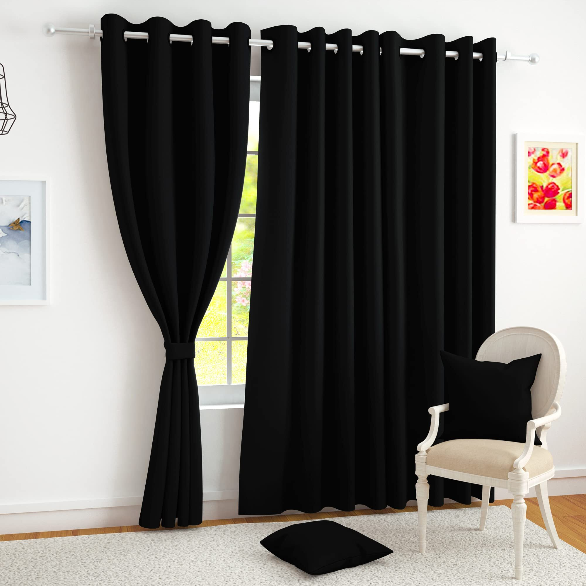 Story@Home Blackout Long Door Curtains 9 Feet Set of 2 | Plain Printed | 100% Room Darkening | Thermal Insulated Curtains | Curtain for Living Room | (116 x 275 cm, Black) | Perfect for Home Decor