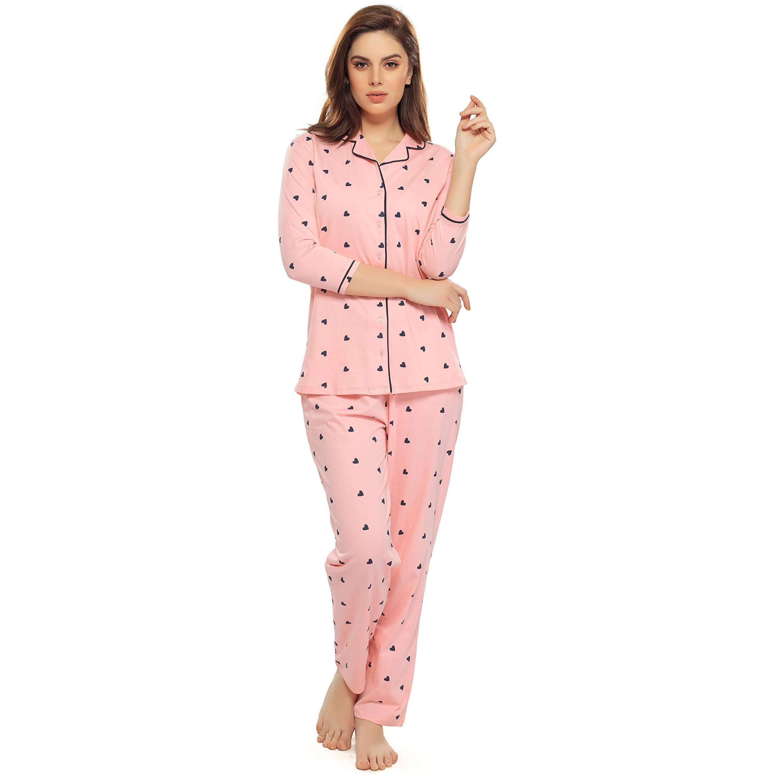 ZEYO Pajama Set Women s Cotton Heart Printed Peach Night Suit Of Shirt & Pyjama 5152