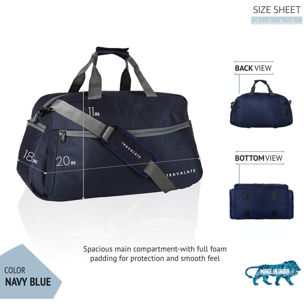 Travalate 45L Waterproof Polyester Duffle Bag, Ultra Light 20 Inch Travel Duffel Bag For Men & Women - Navy Blue (20 X 18 X 11 Inch)