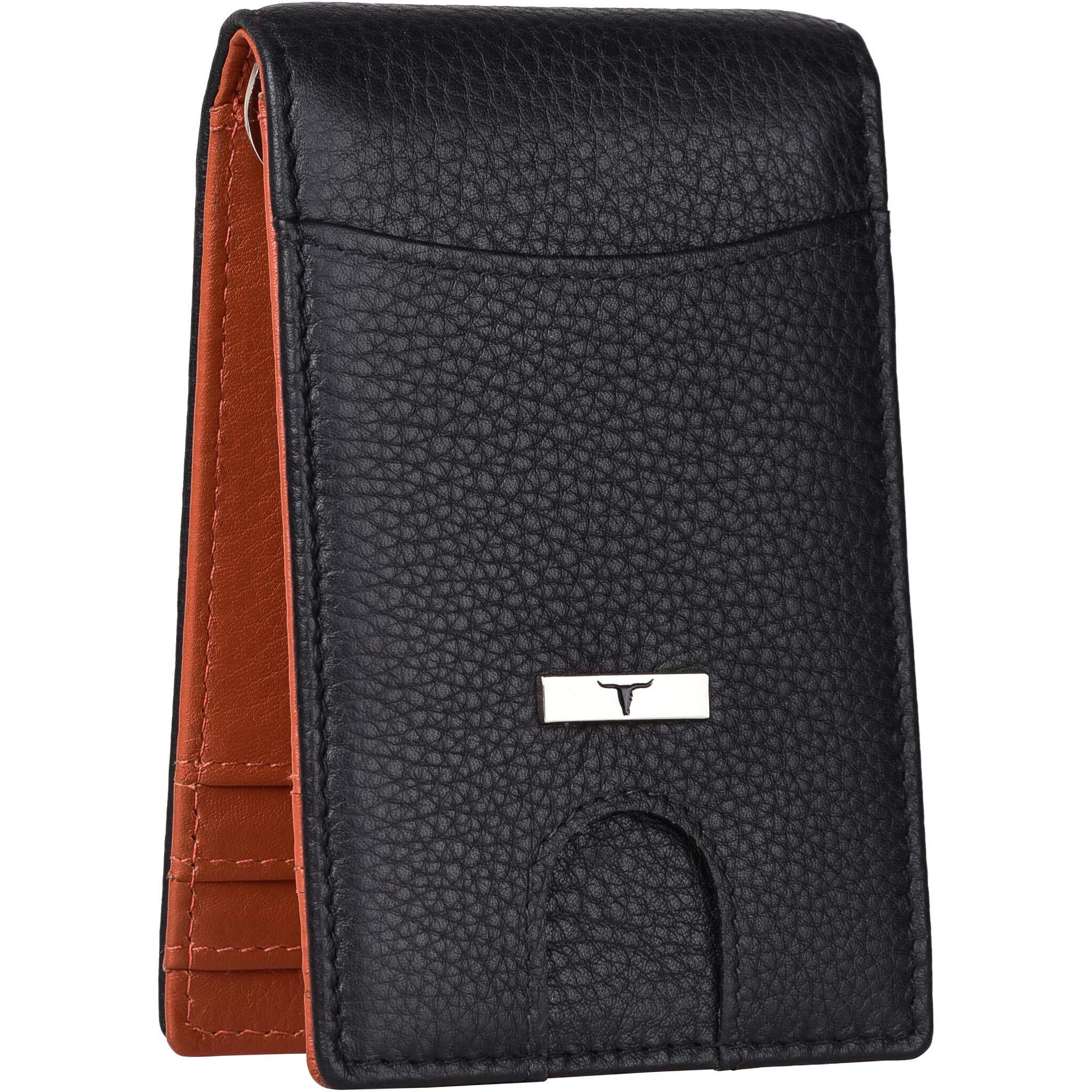 URBAN FOREST Eddy Black/Orange Money Clip Leather Wallet for Men - Minimal Leather Wallet for Men