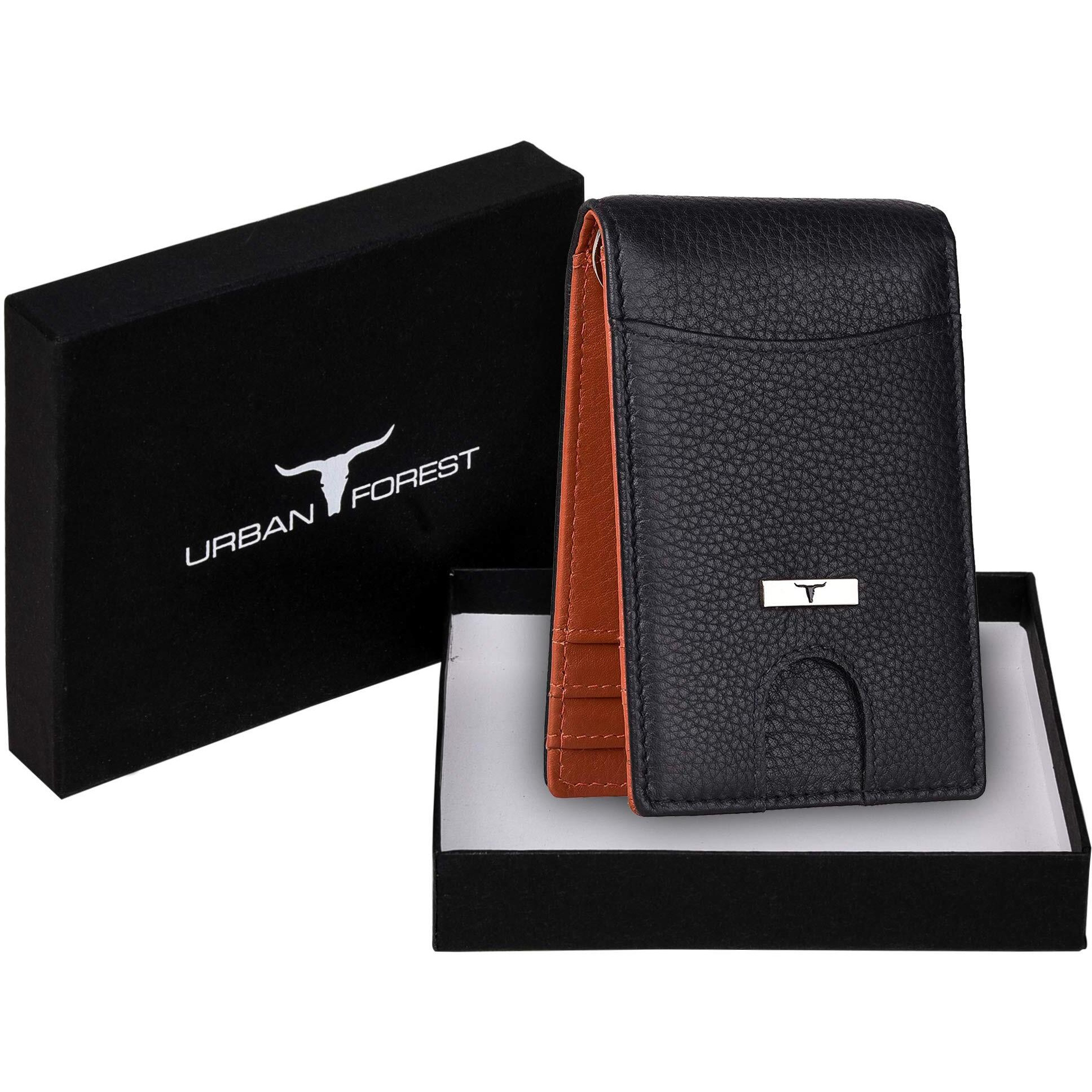 URBAN FOREST Eddy Black/Orange Money Clip Leather Wallet for Men - Minimal Leather Wallet for Men