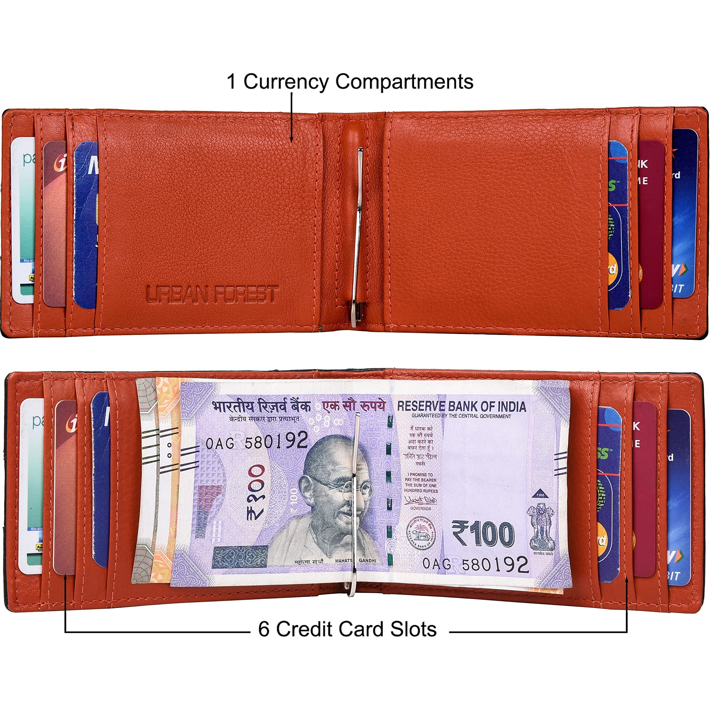 URBAN FOREST Eddy Black/Orange Money Clip Leather Wallet for Men - Minimal Leather Wallet for Men