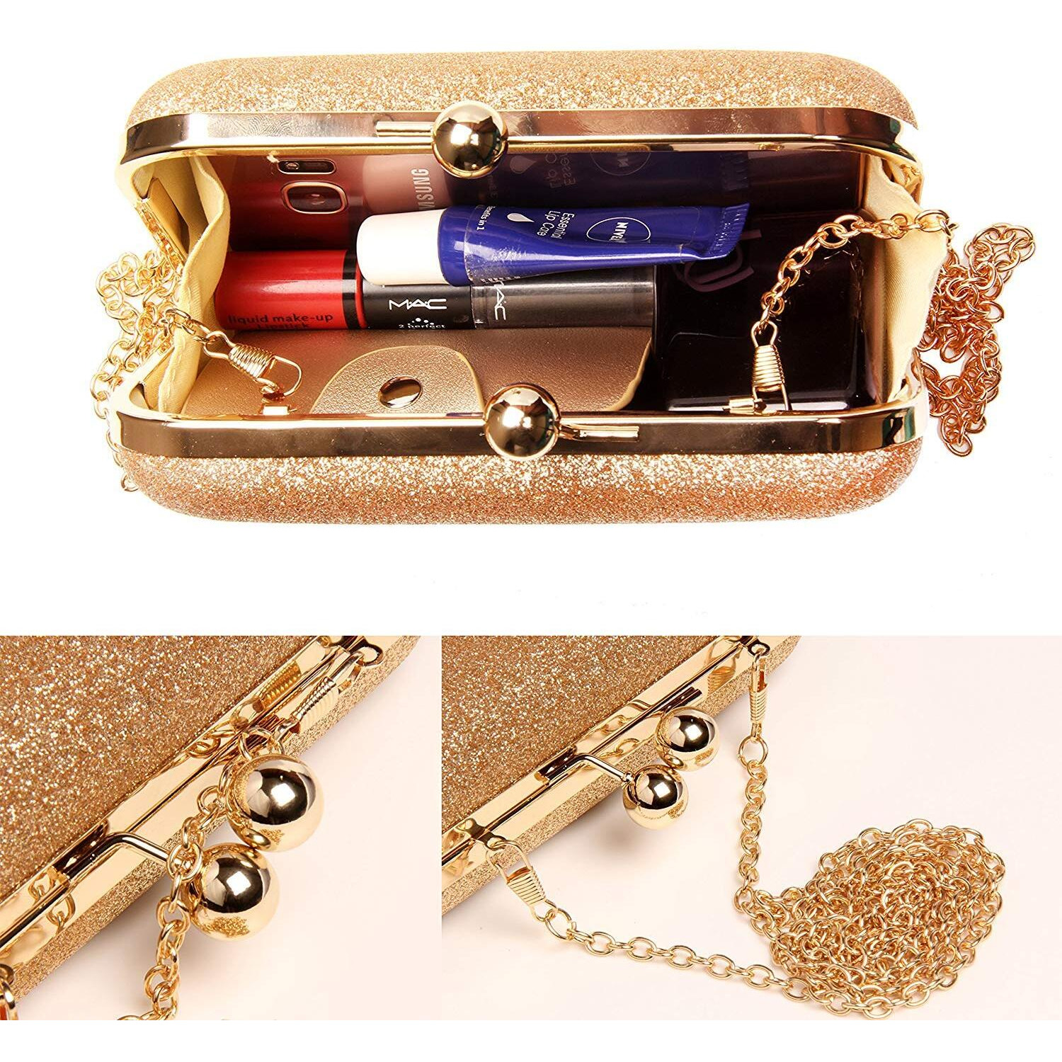 TOOBA Womens Handicraft Beautiful Bling Box Clutch Bag Purse For Bridal, Casual, Wedding Bag for Women & Girls (Sparkling Gold)