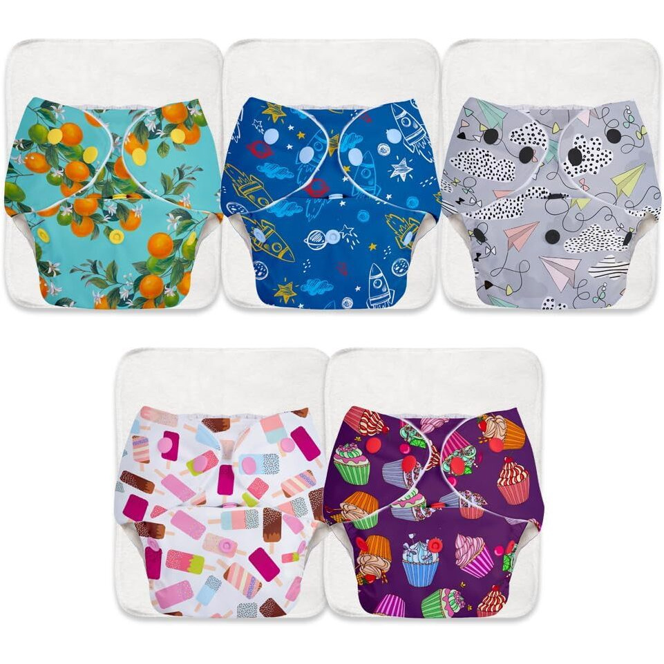 SuperBottoms BASIC Pack of 10 (5 Shell + 5 Insert) Freesize Adjustable, Washable and Reusable Cloth Diaper for babies 3 Months -3 Years | One Size Adjustable Diapers | Assorted prints