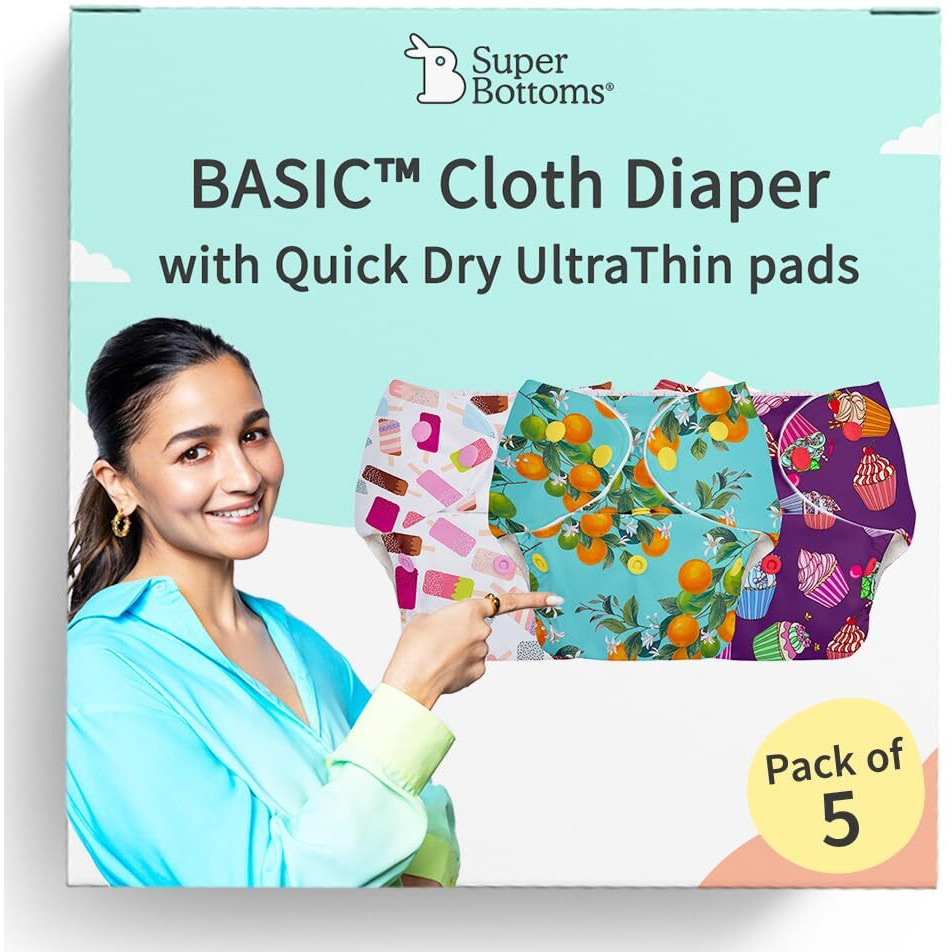 SuperBottoms BASIC Pack of 10 (5 Shell + 5 Insert) Freesize Adjustable, Washable and Reusable Cloth Diaper for babies 3 Months -3 Years | One Size Adjustable Diapers | Assorted prints