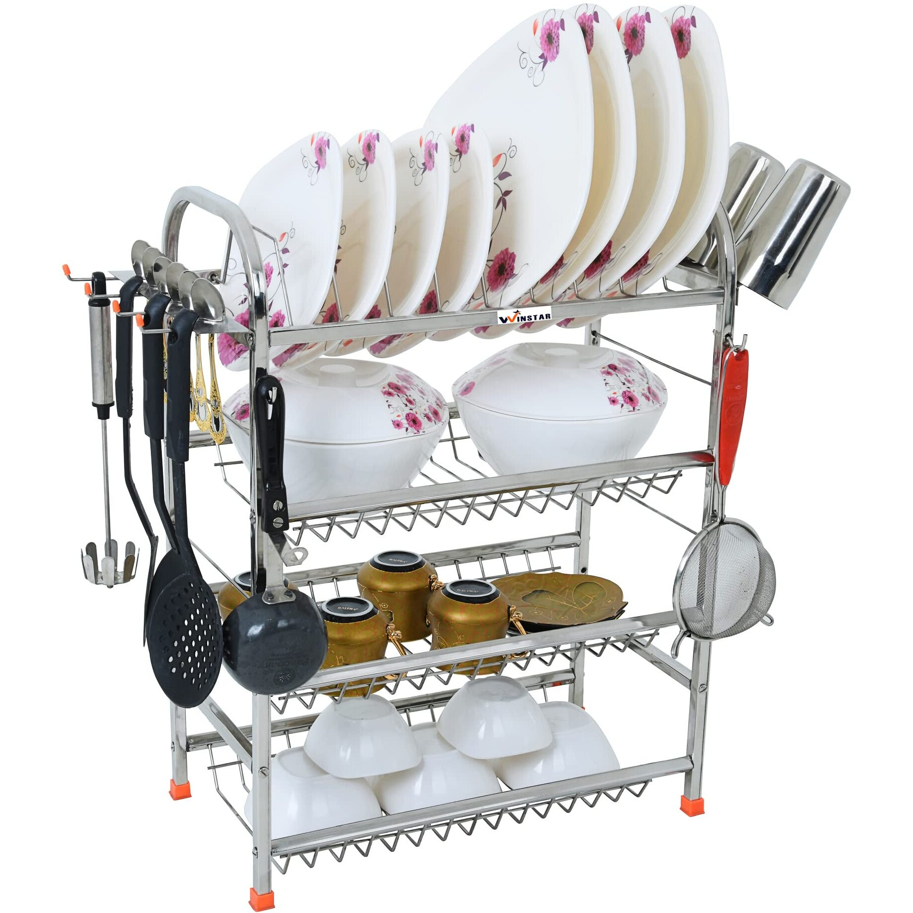 WINSTAR Stainless Steel 4 Shelf Wall Mount Kitchen Utensils Rack with Mini chopper| Vegetable Chopper (350 ml ) | Kitchen Organizer (24 x 18 inch ) Combo, Tiered Shelf