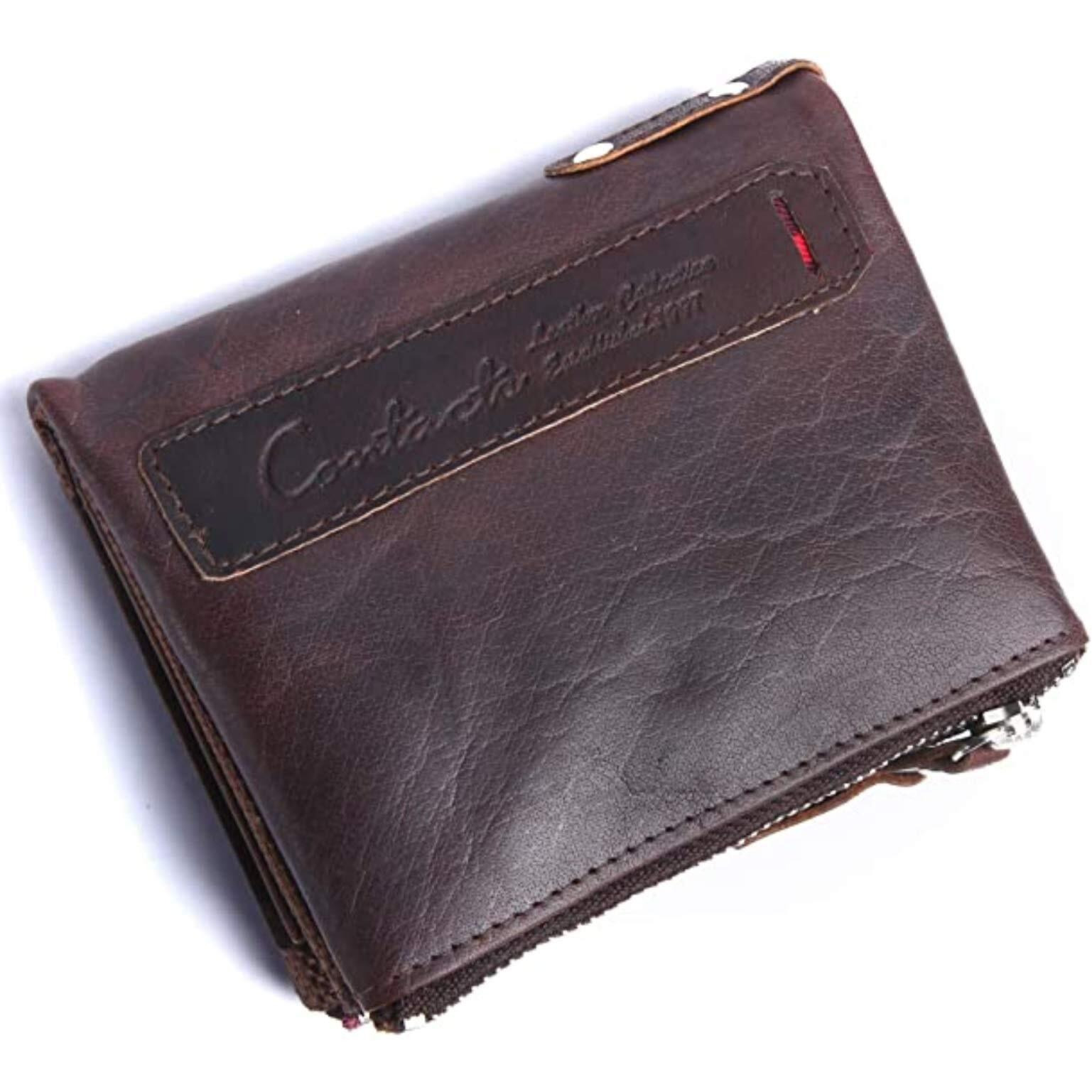Contacts Men s Genuine Leather Wallet | RFID Blocking Wallet for Men | Bifold Zip Wallet| 7 Card Slots, 1 ID Window (Choco Brown)