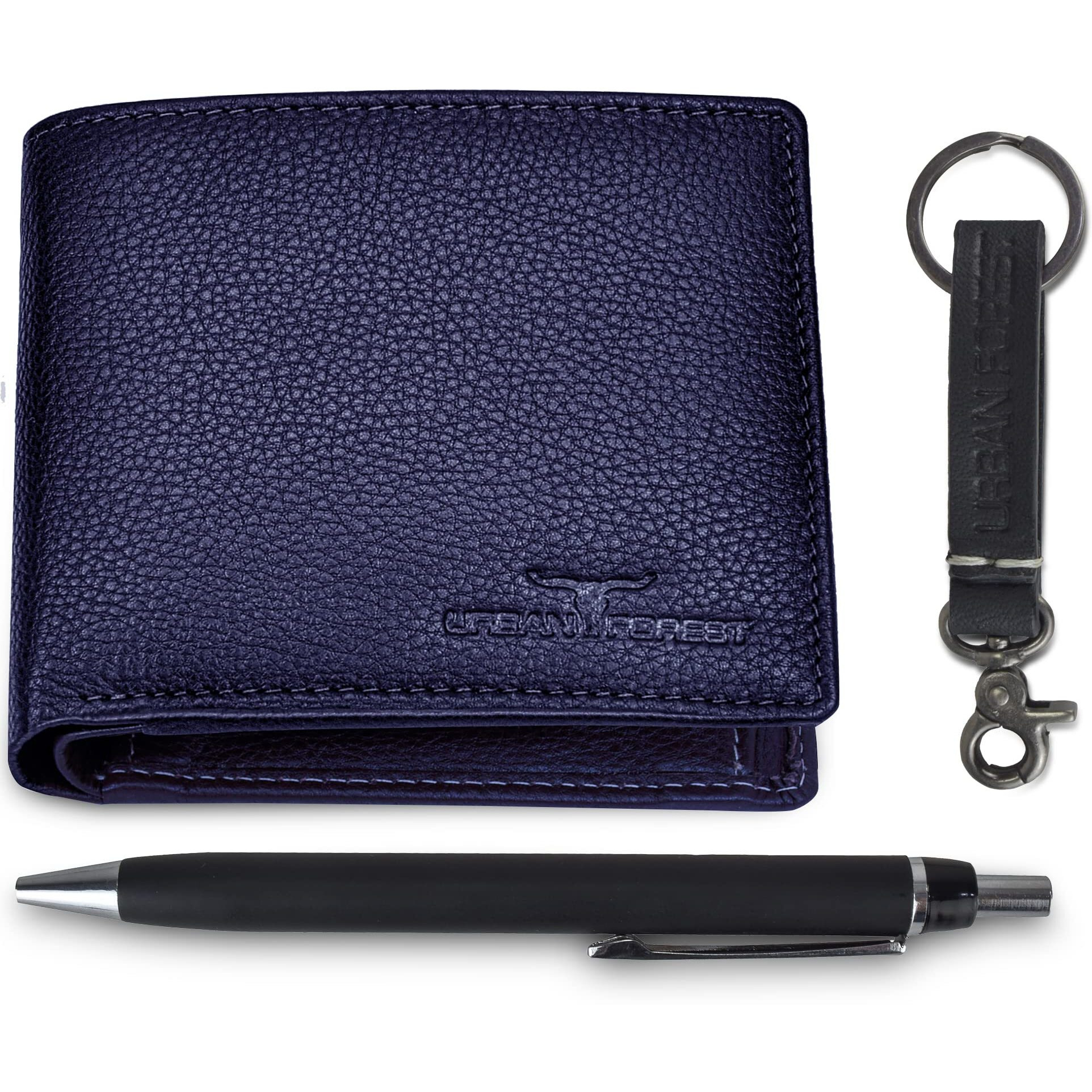 URBAN FOREST Marty Blue Leather Wallet + Pen + Keyring Combo Gift Set for Men