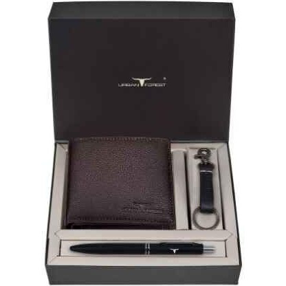 URBAN FOREST Marty Brown Leather Wallet + Pen + Keyring Combo Gift Set for Men