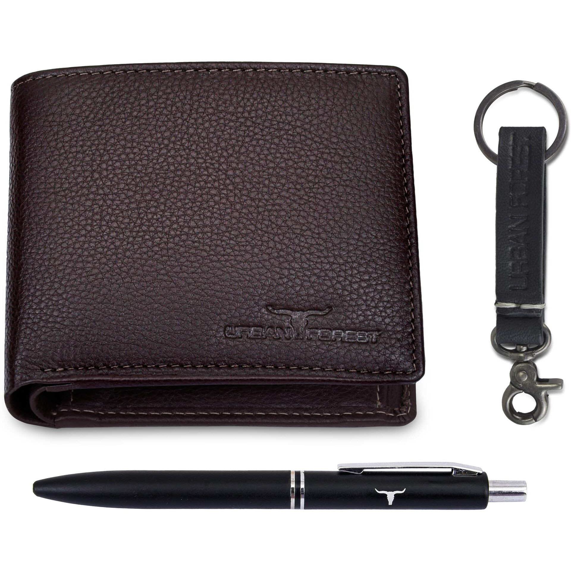 URBAN FOREST Marty Brown Leather Wallet + Pen + Keyring Combo Gift Set for Men