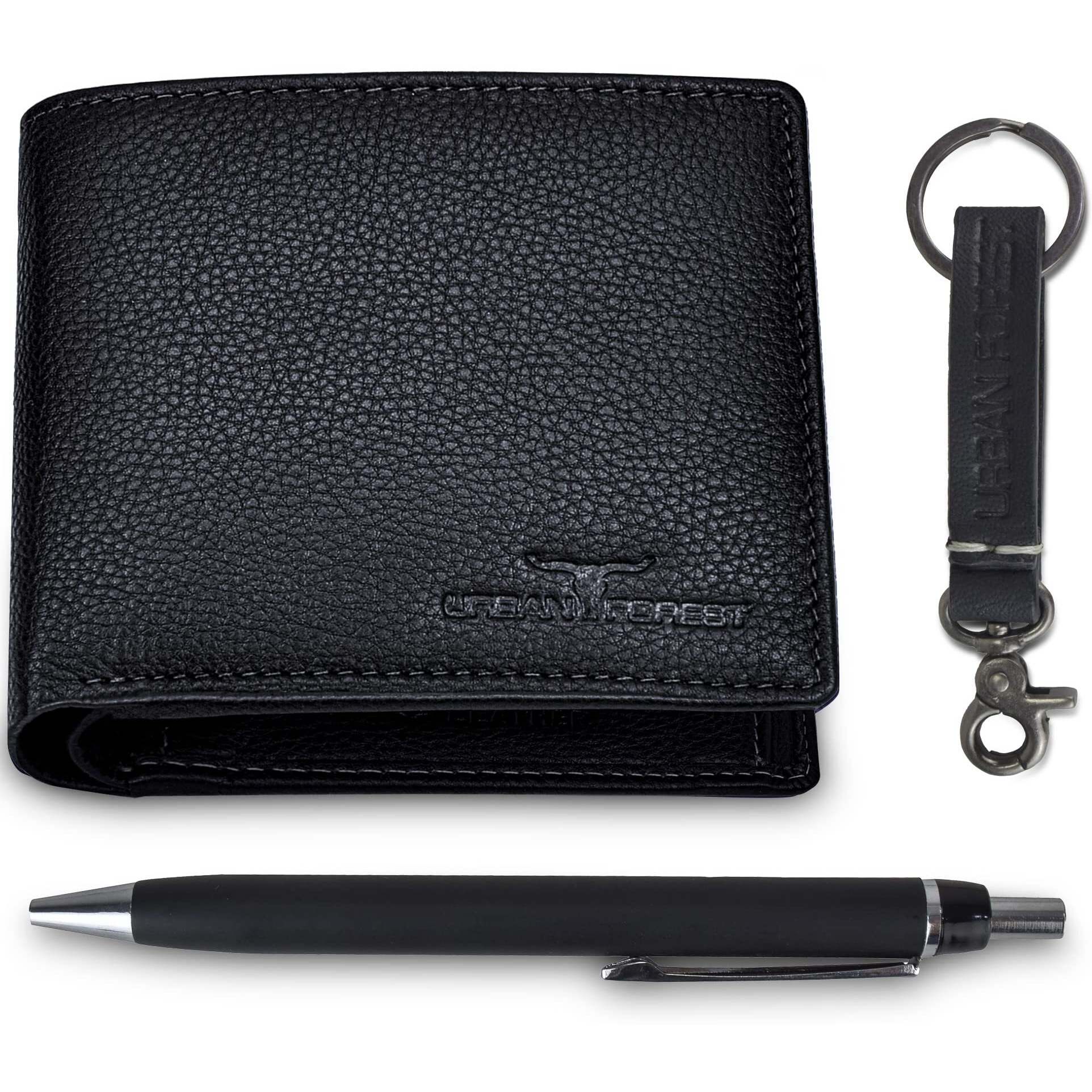 URBAN FOREST Marty Redwood Leather Wallet + Pen + Keyring Combo Gift Set for Men