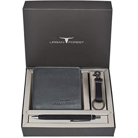 URBAN FOREST Marty Grey Leather Wallet + Pen + Keyring Combo Gift Set for Men