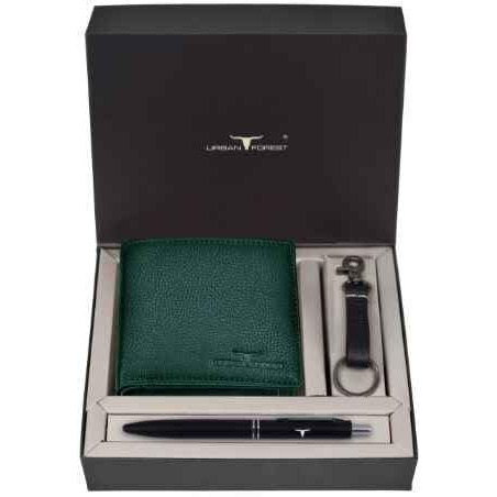 URBAN FOREST Marty Green Leather Wallet + Pen + Keyring Combo Gift Set for Men
