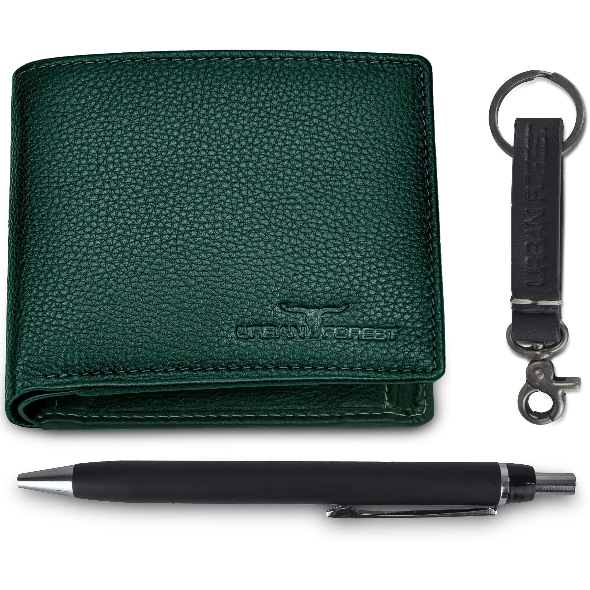URBAN FOREST Marty Green Leather Wallet + Pen + Keyring Combo Gift Set for Men