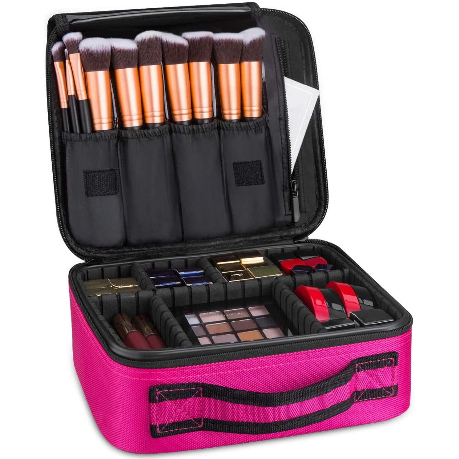 INOVERA (LABEL) Nylon Makeup Organizer Bag for Women, Girls & Bride - Travel Cosmetic Kit Storage Organiser - Toiletry Vanity Box with Adjustable Compartment, 26l x 23b x 9h cm (Pink)